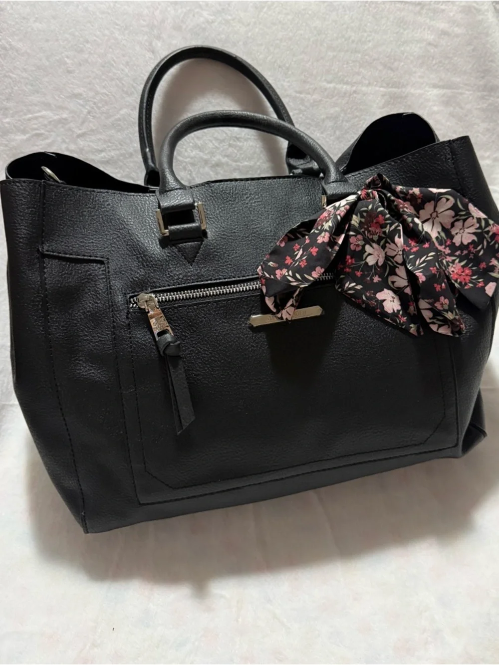 Steve Madden Black Structured Satchel Tote w/ Scarf Accent